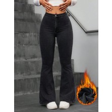 Eccey Butik Kadın Yüksek Bel Tek Düğmeli Paçaya Doğru Genişleyen Kot Pantolon