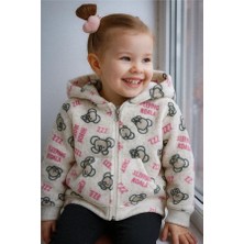 Magu Kız Bebek Ayıcık Desenli Kapüşonlu Polar Ceket – Fermuarlı, Yumuşak Dokulu