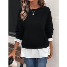 Eccey Butik Kadın Uzun Kollu Bisiklet Yaka Viskon Iki Iplik ve Etek Ucu Trikoton Bluz