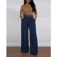 Eccey Butik Kadın Yüksek Bel Geniş Paça Detaylı Cepli Ithal Krep Pantolon