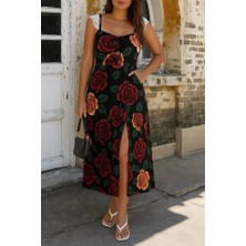 Eccey Butik Kadın Askılı Geniş V Yakalı Sırttan Bağlamalı Yırtmaçlı Süprem Elbise