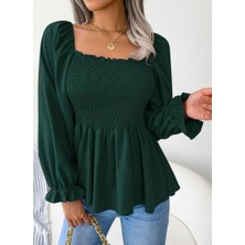 Eccey Butik Kadın Uzun Kollu Geometrik Yakalı Gipe Detaylı Krep Bluz