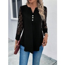 Eccey Butik Kadın Uzun Kollu Yakadan Düğmeli Kolları Tül Detaylı Viskon Bluz