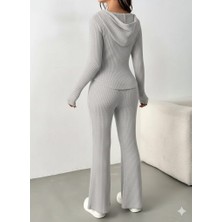 Eccey Butik Kadın Uzun Kollu Kapşonlu Önden Fermuarlı Kaşkorse Bluz ve Pantolon Ikili Takım