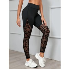 Eccey Butik Kadın Yüksek Bel Geometrik Desen File Detaylı Dalgıç Tayt