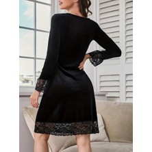 Eccey Butik Kadın Uzun Kollu V Dantel Yakalı Mini Kadife Elbise