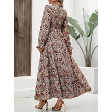 Eccey Butik Kadın Uzun Kollu V Yakalı Beli Lastikli Desenli Süprem Elbise