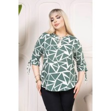 Eccey Butik Desenli Püsküllü Viskon Bluz Bebe Yaka Kısa Kollu Big Size Rahat Kesim - Desenli