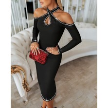 Eccey Butik Kadın Omuzlardan Açık Boyundan Geçmeli Damla Detaylı Taşlı Midi Dalgıç Elbise