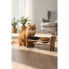 Feyza Design Ahşap Isim Baskılı Kedi Mama Kabı ve Halısı Seti, Seramik Su Kabı Standı
