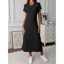 Eccey Butik Kadın Kısa Kollu Yakalı Yandan Yırtmaçlı Kalın Fitilli Kaşkorse Elbise