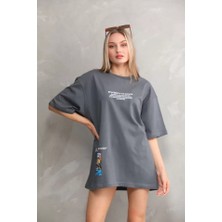 Eccey Butik Unisex Bisiklet Yaka Baskılı Oversize T-Shirt - Gri