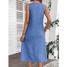 Eccey Butik Kadın Kolsuz Bisiklet Yaka Cepli Midi Keten Elbise
