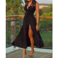 Eccey Butik Kadın Sıfır Kol Hakim Yaka Önden Düğmeli Dantel Detaylı Yırtmaçlı Viskon Midi Elbise