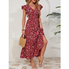 Eccey Butik Kadın Kısa Kollu Kruvaze Yaka Beli Lastikli Çiçek Desenli Elbise