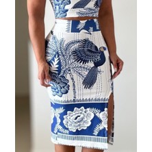 Eccey Butik Kadın Sıfır Kollu Yuvarlak Yaka Çiçekli Desenli Süprem Crop ve Yırtmaçlı Etek Ikili Takım
