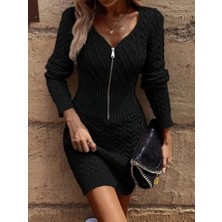 Eccey Butik Kadın Uzun Kollu V Yakalı Önden Fermuarlı Kısa Triko Elbise