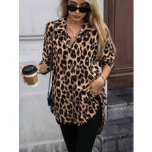 Eccey Butik Kadın Uzun Kollu Yakalı Önden Düğmeli Yandan Bağcıklı Leopar Desenli Modal Bluz