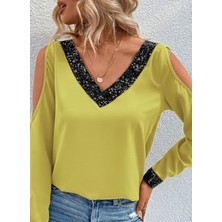 Eccey Butik Kadın Uzun Kollu V Yakalı Omuzlardan Açık Sandy Bluz