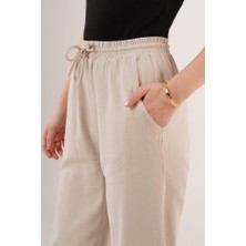 Eccey Butik Cepli Belden Bağlamalı Paça Detaylı Krem Pantolon