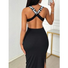 Eccey Butik Kadın Yuvarlak Yaka Sırttan Çapraz Şerit Love Detaylı Yırtmaçlı Viskon Elbise