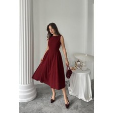 Eccey Butik Bordo Yanları Büzgülü Midi Boy Keten Elbise