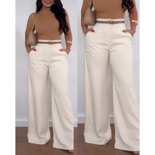 Eccey Butik Kadın Yüksek Bel Geniş Paça Detaylı Cepli Ithal Krep Pantolon