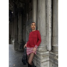 Eccey Butik Kadın Uzun Kollu Bisiklet Yaka Kol Ağzı ve Etek Ucu Baskılı Iki Iplik Elbise