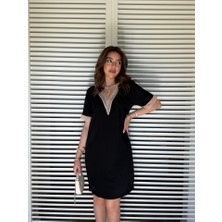 Eccey Butik Kadın V Yaka Güpürlü Iki Iplik Elbise