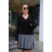 Eccey Butik Kadın Uzun Kollu Denteli Yaka Ekose Etek Detay Diz Üstü Elbise