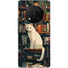 TechTree Honor X9C Uyumlu Kitaplık Beyaz Kedi Tasarımlı Baskılı Silikon Kılıf
