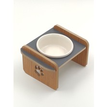 Feyza Design Ahşap Seramik Kedi Köpek Mama ve Su Kabı Uzay Grisi