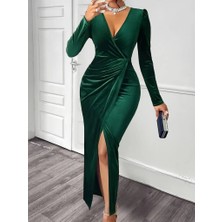 Eccey Butik Kadın Uzun Kollu Kruvaze Yaka Önünden Çapraz Detaylı Uzun Kadife Elbise