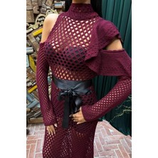 Eccey Butik Saten Kuşaklı Ajurlu Triko Elbise 2847