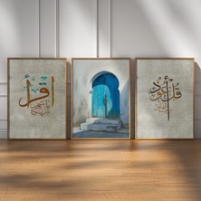 Pam Studio Mavi Kapı & Islami Hat Sanatı 3’lü Tablo Seti | Manevi Temalı Duvar Dekoru