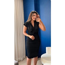 Eccey Butik Kadın Kısa Kollu Kruvaze Yaka Krep Elbise (Kemersiz)