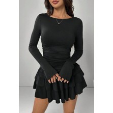 Eccey Butik Eteği Kat Kat Volanlı Mini Elbise