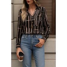 Eccey Butik Kadın Uzun Kollu V Yakalı Desenli Dalgıç Bluz