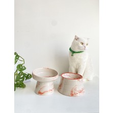 Feyza Design Turuncu Beyaz ve Colorful Moon Ebru Desenli Seramik Kedi ve Köpek Mama Su Kabı 2'li