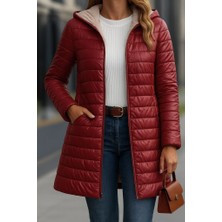 Eccey Butik Kadın Uzun Kollu Kapşonlu Cep Detaylı Fermuarlı Orta Boy Mont