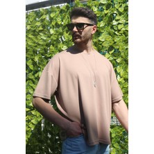 Eydamoon Erkek Bej Oversize Modal %100 Pamuk Kumaş Rahat Kesim Bisiklet Yaka T-Shirt