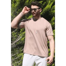 Eydamoon Erkek Bej Kışlık T-Shirt %100 Pamuk Modal Ipeksi Kumaş Bisiklet Yaka Nefes Alabilen Doku