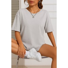 Eydamoon Kadın Oversize Likralı Süprem %100 Pamuk Kumaş Bisiklet Yaka Basic T-Shirt