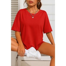 Eydamoon Kadın Oversize Likralı Süprem %100 Pamuk Kumaş Bisiklet Yaka Basic T-Shirt