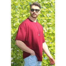 Eydamoon Erkek Bordo Oversize Modal %100 Pamuk Kumaş Rahat Kesim Bisiklet Yaka T-Shirt