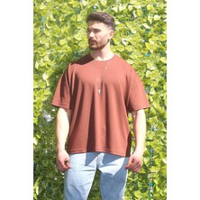 Eydamoon Erkek Kahverengi Oversize Modal %100 Pamuk Kumaş Rahat Kesim Bisiklet Yaka T-Shirt