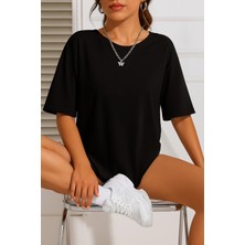 Eydamoon Kadın Oversize Likralı Süprem %100 Pamuk Kumaş Bisiklet Yaka Basic T-Shirt