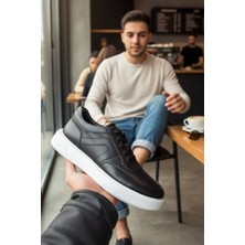 Enoch Hakiki Deri Siyah Beyaz Günlük Bağcıklı Erkek Sneaker Yüksek Comfort Taban
