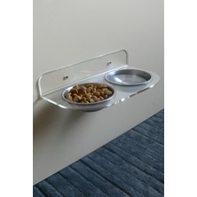 Feyza Design Şeffaf Pleksi Duvara Monte Kedi ve Köpek Mama-Su Kabı Standı