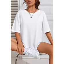 Eydamoon Kadın Oversize Likralı Süprem %100 Pamuk Kumaş Bisiklet Yaka Basic T-Shirt